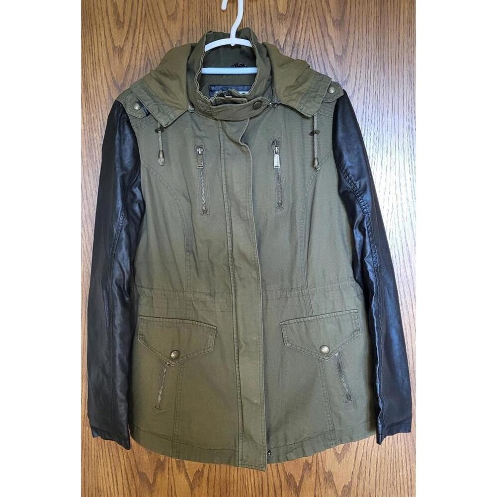 BCBGenerarion olive green canvas  black  faux leather sleeves Utility jacket L